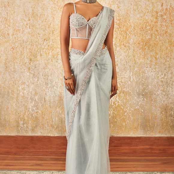 Light Blue Corset Style Embroidered Saree - Picture 1 of 3